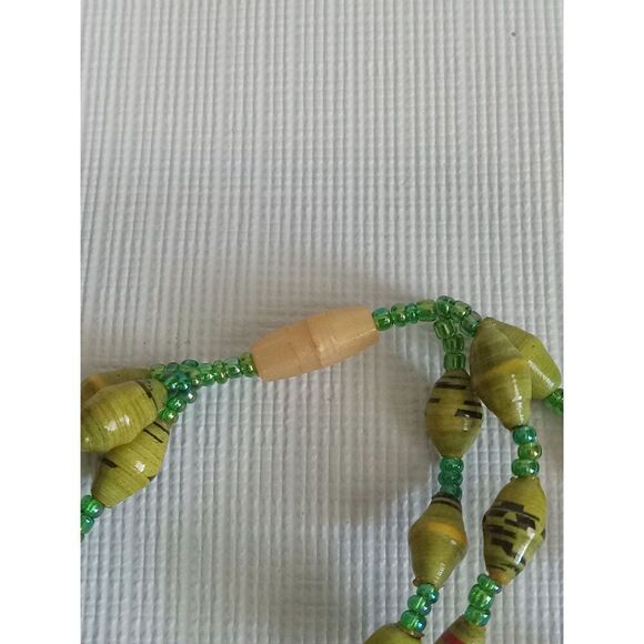 Bright Green Striped Paper and Seed Beaded Lightweight Triple Strand Necklace - Picture 7 of 9